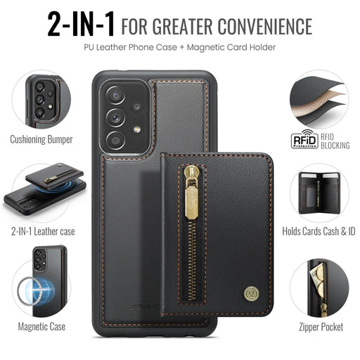 JEEHOOD For Samsung Galaxy A52 5G / Galaxy A52s 5G / Galaxy A52 4G Case  J12 Magnetic Detachable Zipper Wallet Kickstand Leather Back Cover Magnetic Case - Black - 2