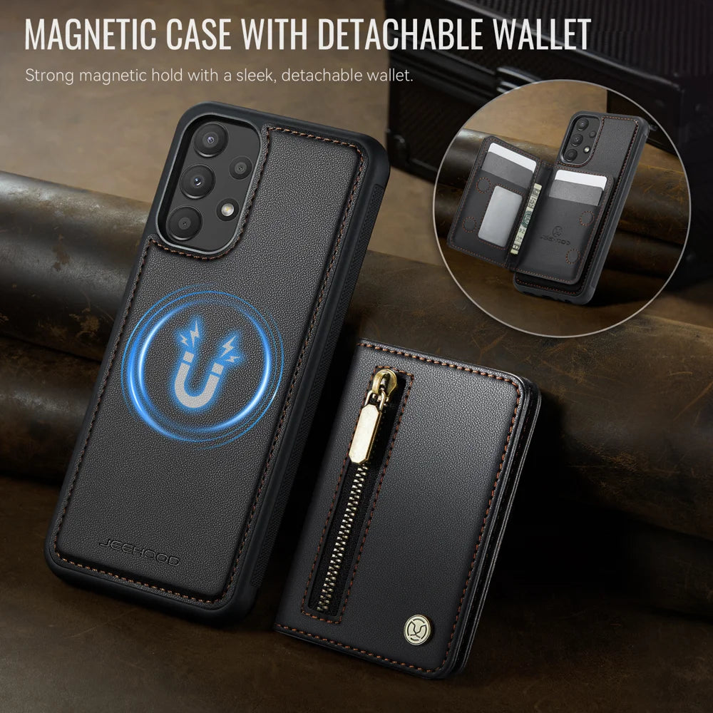 JEEHOOD For Samsung Galaxy A52 5G / Galaxy A52s 5G / Galaxy A52 4G Case  J12 Magnetic Detachable Zipper Wallet Kickstand Leather Back Cover Magnetic Case - Black - 4