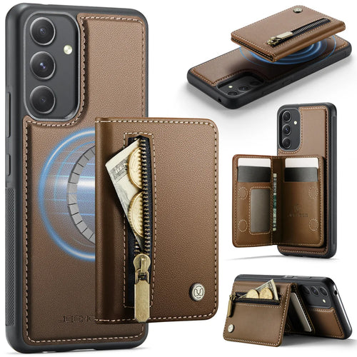 JEEHOOD For Samsung Galaxy A54 5G Case  J12 Magnetic Detachable Zipper Wallet Kickstand Leather Back Cover Magnetic Case - Brown - 1