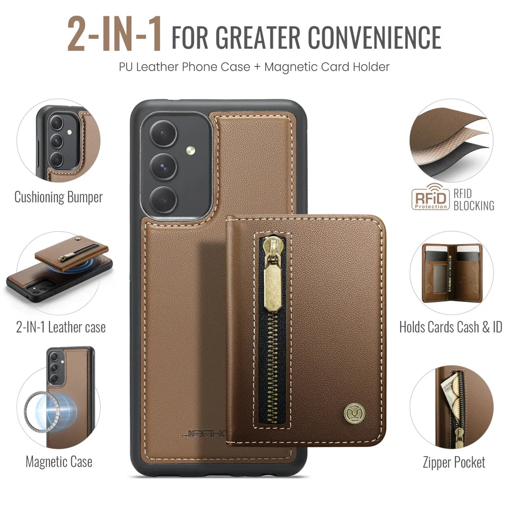JEEHOOD For Samsung Galaxy A54 5G Case  J12 Magnetic Detachable Zipper Wallet Kickstand Leather Back Cover Magnetic Case - Brown - 2