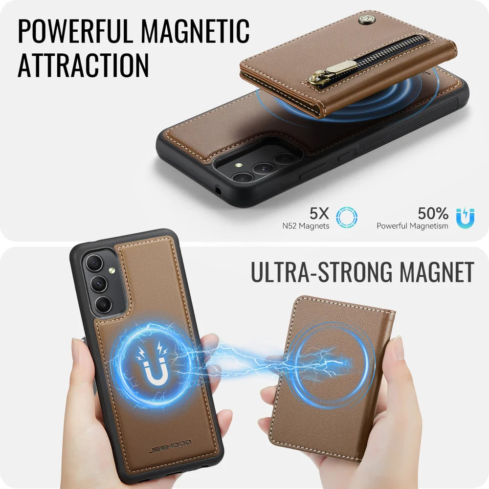 JEEHOOD For Samsung Galaxy A54 5G Case  J12 Magnetic Detachable Zipper Wallet Kickstand Leather Back Cover Magnetic Case - Brown - 3