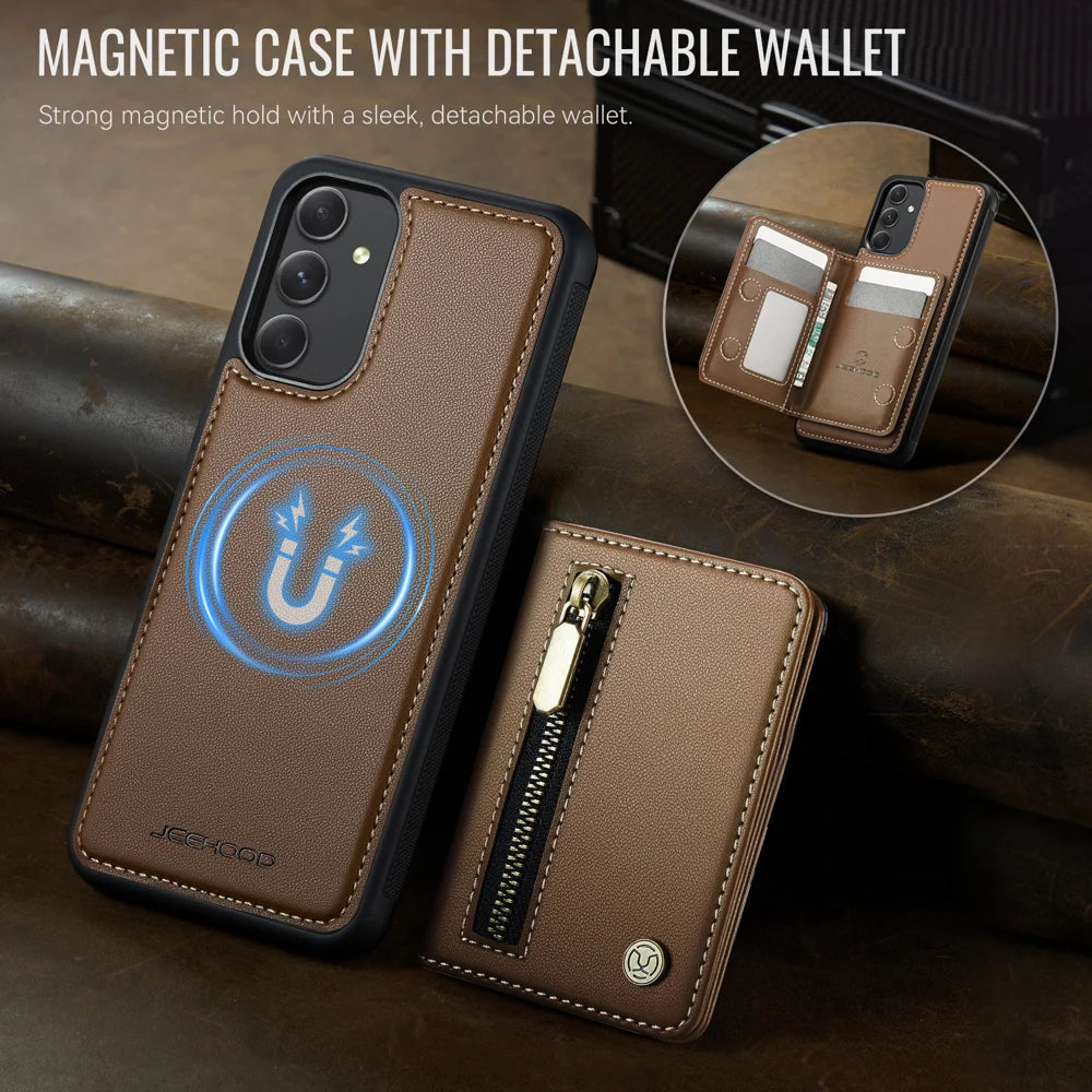 JEEHOOD For Samsung Galaxy A54 5G Case  J12 Magnetic Detachable Zipper Wallet Kickstand Leather Back Cover Magnetic Case - Brown - 4