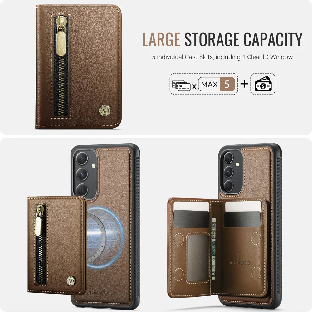 JEEHOOD For Samsung Galaxy A54 5G Case  J12 Magnetic Detachable Zipper Wallet Kickstand Leather Back Cover Magnetic Case - Brown - 5