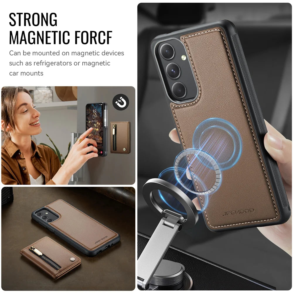 JEEHOOD For Samsung Galaxy A54 5G Case  J12 Magnetic Detachable Zipper Wallet Kickstand Leather Back Cover Magnetic Case - Brown - 6