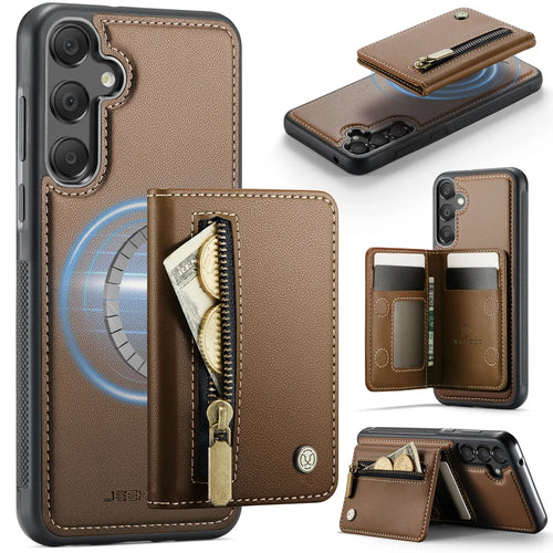 JEEHOOD For Samsung Galaxy A55 5G Case  J12 Magnetic Detachable Zipper Wallet Kickstand Leather Back Cover Magnetic Case - Brown - 1