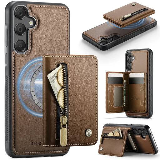 JEEHOOD For Samsung Galaxy A55 5G Case  J12 Magnetic Detachable Zipper Wallet Kickstand Leather Back Cover Magnetic Case - Brown - 1