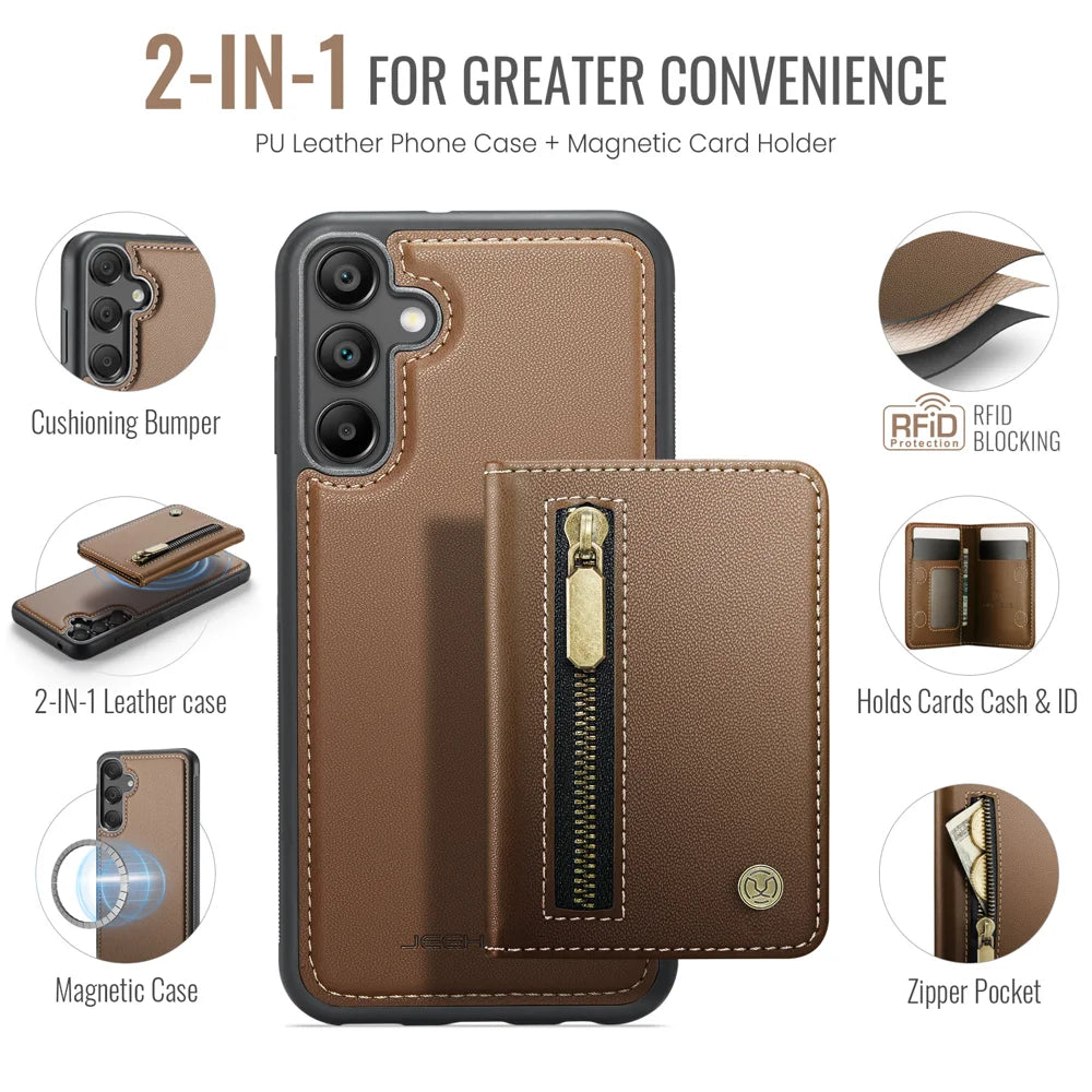 JEEHOOD For Samsung Galaxy A55 5G Case  J12 Magnetic Detachable Zipper Wallet Kickstand Leather Back Cover Magnetic Case - Brown - 2