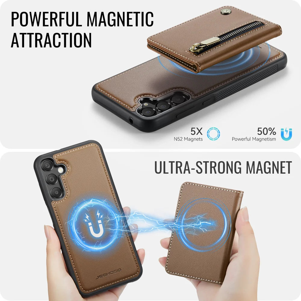 JEEHOOD For Samsung Galaxy A55 5G Case  J12 Magnetic Detachable Zipper Wallet Kickstand Leather Back Cover Magnetic Case - Brown - 3