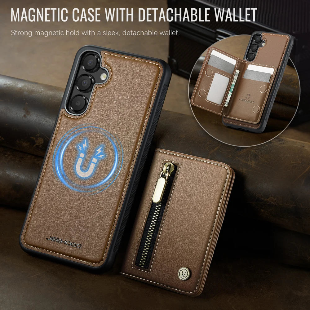 JEEHOOD For Samsung Galaxy A55 5G Case  J12 Magnetic Detachable Zipper Wallet Kickstand Leather Back Cover Magnetic Case - Brown - 4
