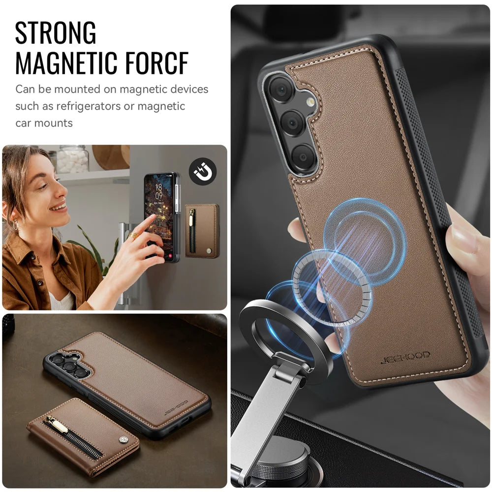 JEEHOOD For Samsung Galaxy A55 5G Case  J12 Magnetic Detachable Zipper Wallet Kickstand Leather Back Cover Magnetic Case - Brown - 6