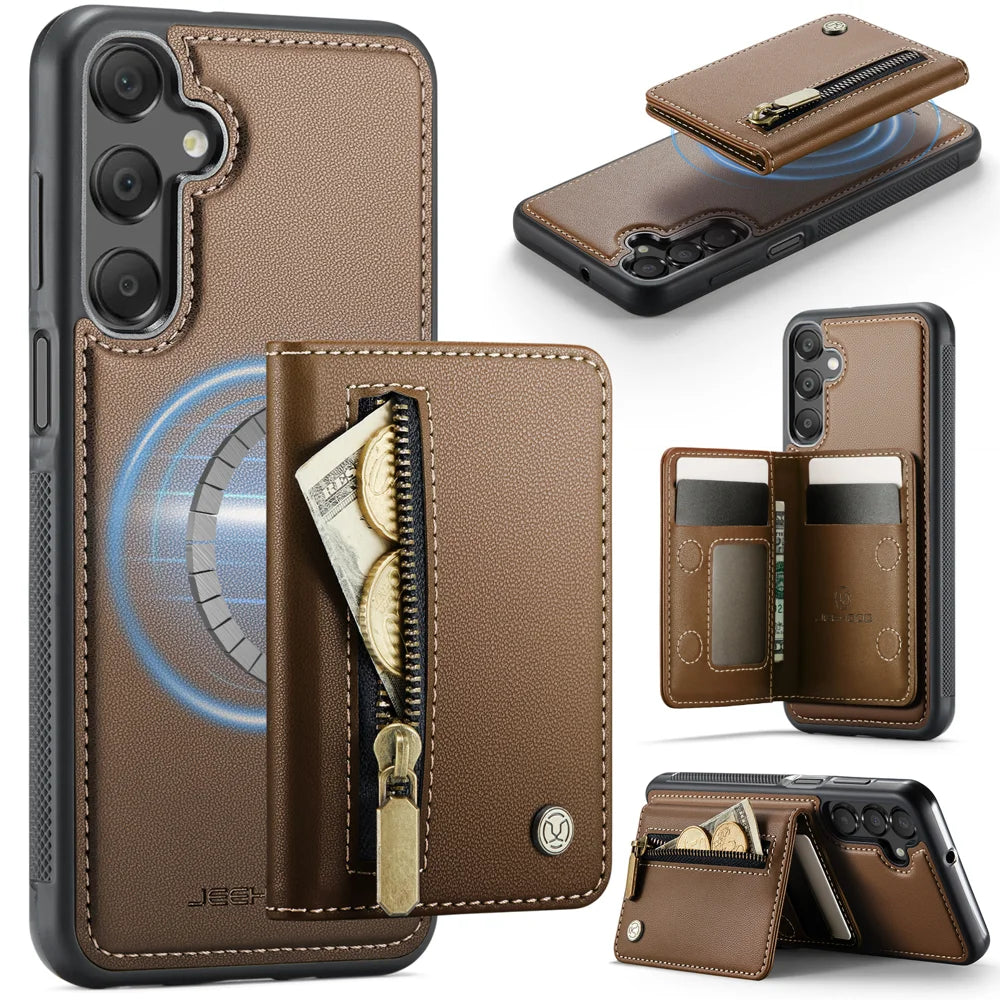 JEEHOOD For Samsung Galaxy A16 4G / Galaxy A16 5G Case  J12 Magnetic Detachable Zipper Wallet Kickstand Leather Back Cover Magnetic Case - Brown - 1