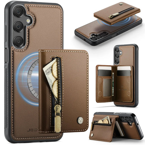 JEEHOOD For Samsung Galaxy A16 4G / Galaxy A16 5G Case  J12 Magnetic Detachable Zipper Wallet Kickstand Leather Back Cover Magnetic Case - Brown - 1