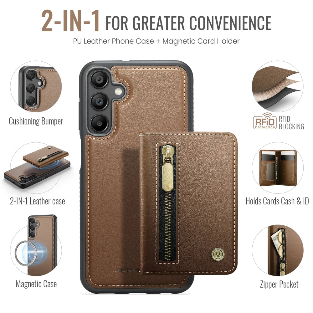 JEEHOOD For Samsung Galaxy A16 4G / Galaxy A16 5G Case  J12 Magnetic Detachable Zipper Wallet Kickstand Leather Back Cover Magnetic Case - Brown - 2