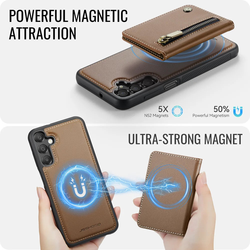 JEEHOOD For Samsung Galaxy A16 4G / Galaxy A16 5G Case  J12 Magnetic Detachable Zipper Wallet Kickstand Leather Back Cover Magnetic Case - Brown - 3