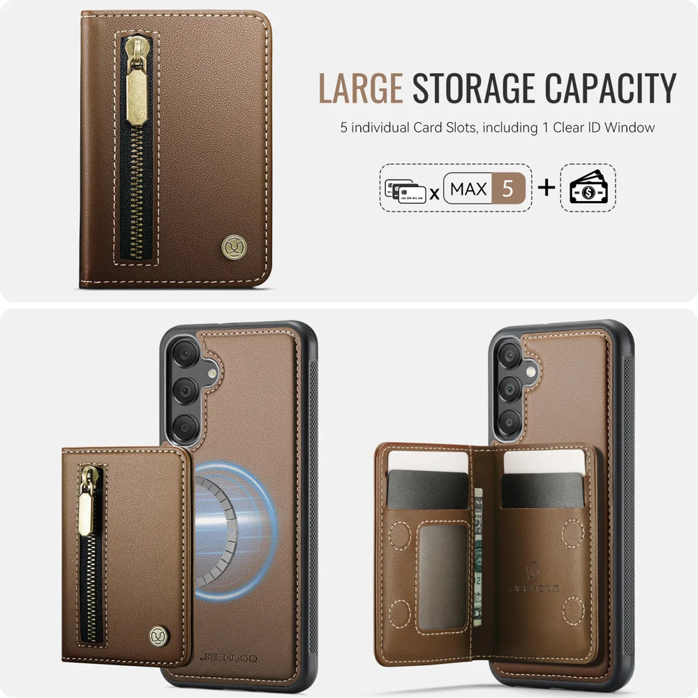 JEEHOOD For Samsung Galaxy A16 4G / Galaxy A16 5G Case  J12 Magnetic Detachable Zipper Wallet Kickstand Leather Back Cover Magnetic Case - Brown - 5