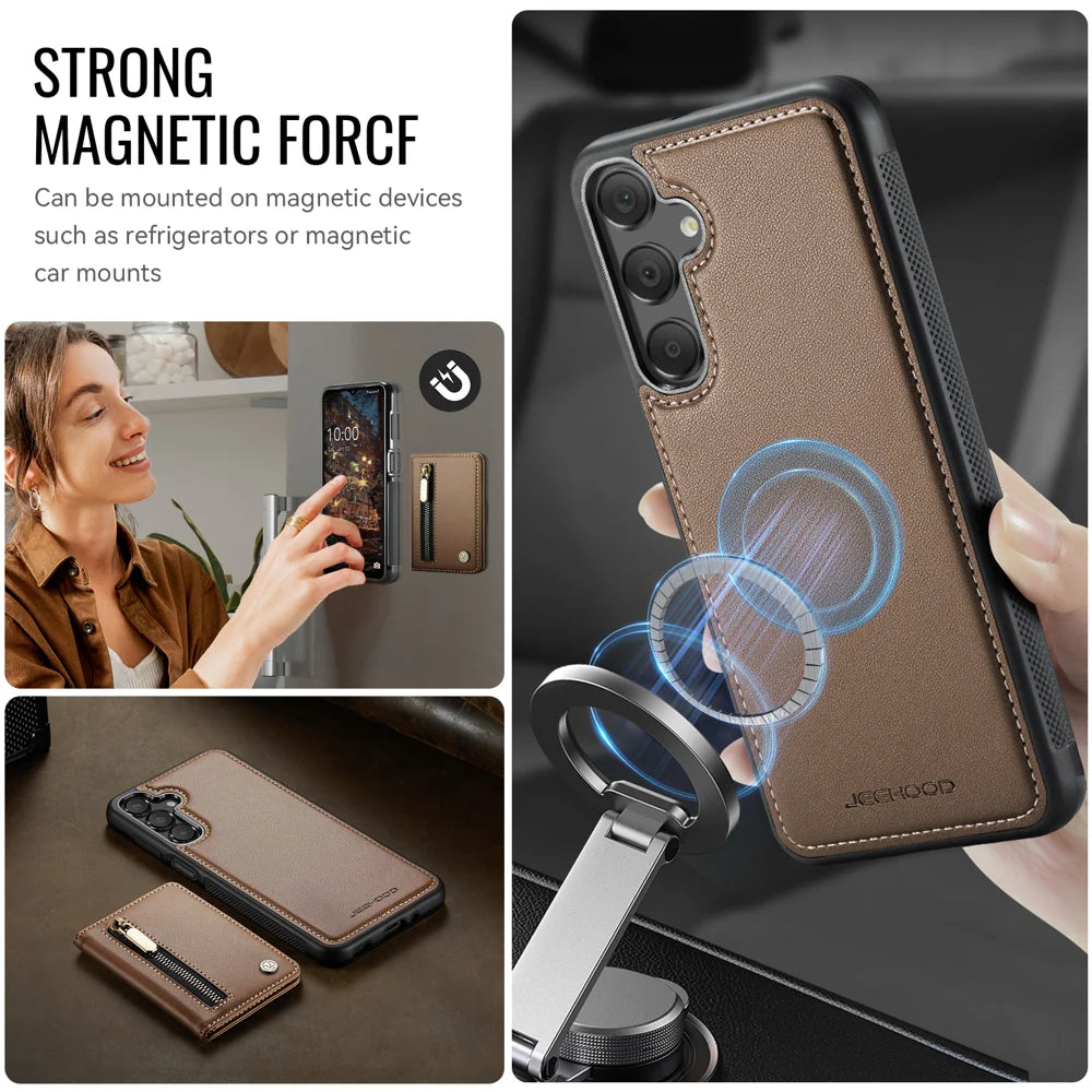 JEEHOOD For Samsung Galaxy A16 4G / Galaxy A16 5G Case  J12 Magnetic Detachable Zipper Wallet Kickstand Leather Back Cover Magnetic Case - Brown - 6