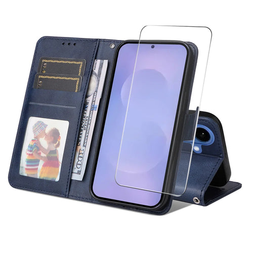 ENKAY For Samsung Galaxy S26  HAT PRINCE Wallet Case Leather Phone Stand Cover with 0.18mm Screen Protector, Ultrasonic Fingerprint Unlock - Blue - 1