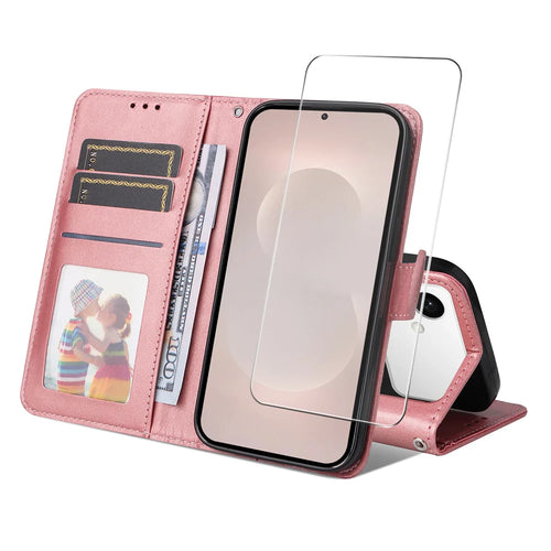 ENKAY For Samsung Galaxy S26 Ultra  HAT PRINCE Wallet Case Leather Phone Stand Cover with 0.18mm Screen Protector, Ultrasonic Fingerprint Unlock - Pink - 1