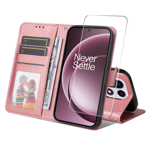 ENKAY For OnePlus 15 5G  HAT PRINCE Wallet Case Leather Phone Stand Cover with 0.18mm Screen Protector, Ultrasonic Fingerprint Unlock - Pink - 1
