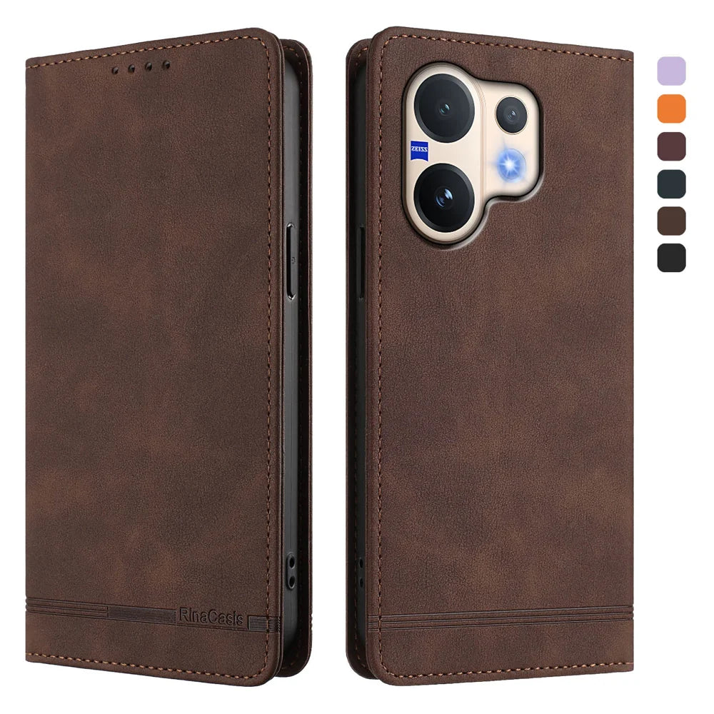 For vivo V60 5G Case RINACASIS RC23 RFID Blocking Wallet Stand PU Leather Phone Cover - Brown - 1