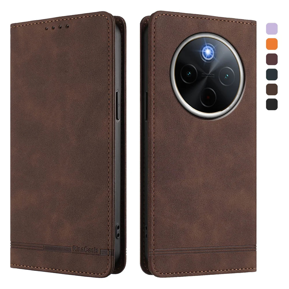 For vivo X300 Pro 5G Case RINACASIS RC23 RFID Blocking Wallet Stand PU Leather Phone Cover - Brown - 1