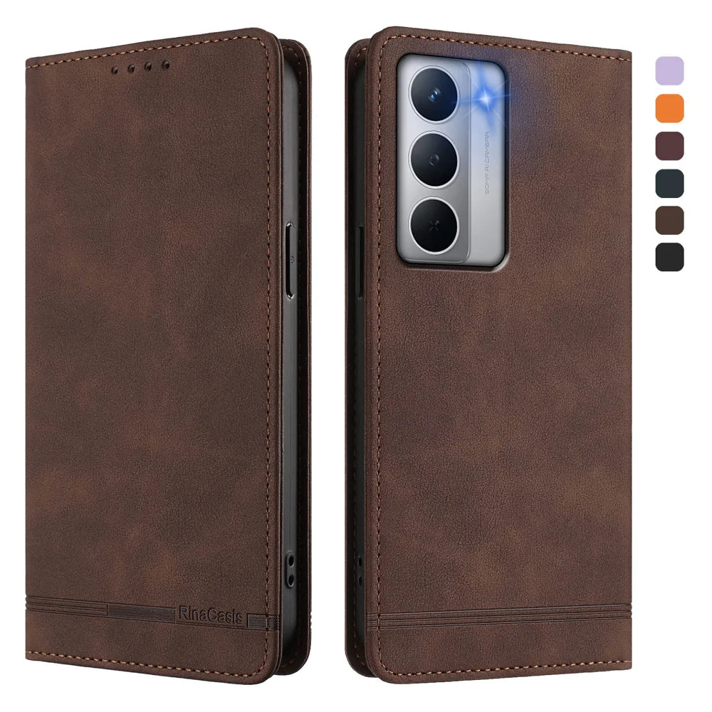 For Realme Narzo 80x 5G Case RINACASIS RC23 RFID Blocking Wallet Stand PU Leather Phone Cover - Brown - 1