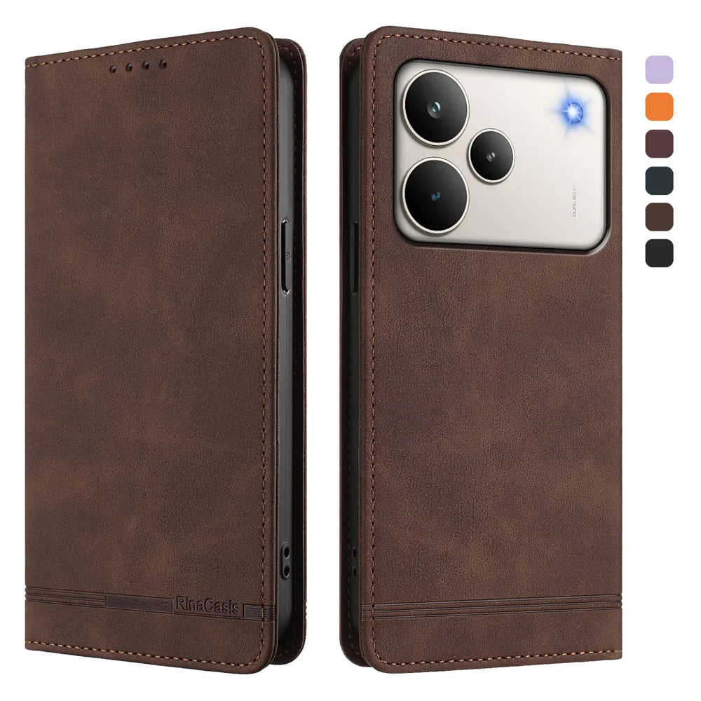 For Realme P4 Pro 5G Case RINACASIS RC23 RFID Blocking Wallet Stand PU Leather Phone Cover - Brown - 1