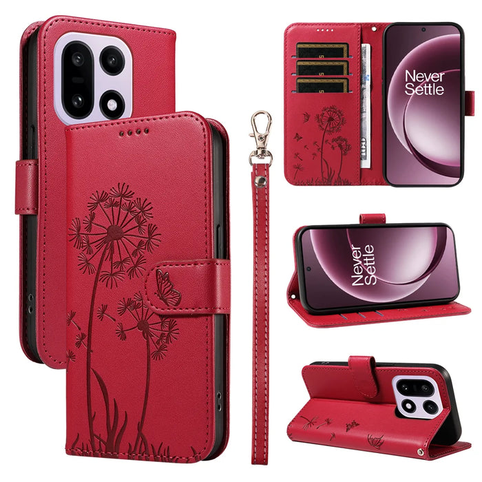 For OnePlus 15 5G Leather Wallet Case with Strap Dandelion Imprint Phone Stand Cover - Red - 1