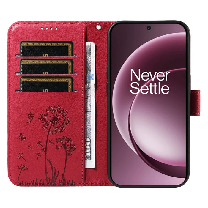 For OnePlus 15 5G Leather Wallet Case with Strap Dandelion Imprint Phone Stand Cover - Red - 2