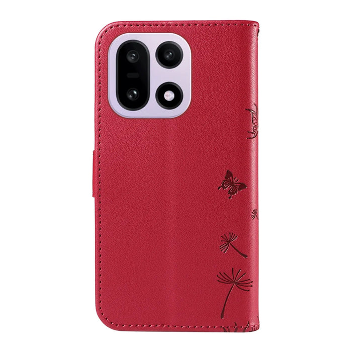 For OnePlus 15 5G Leather Wallet Case with Strap Dandelion Imprint Phone Stand Cover - Red - 7