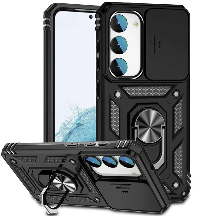 For Samsung Galaxy S23 Back Case, Slide Camera Protector Design Shockproof PC + TPU Protective Phone Cover with Metal Ring Kickstand - Black - 1