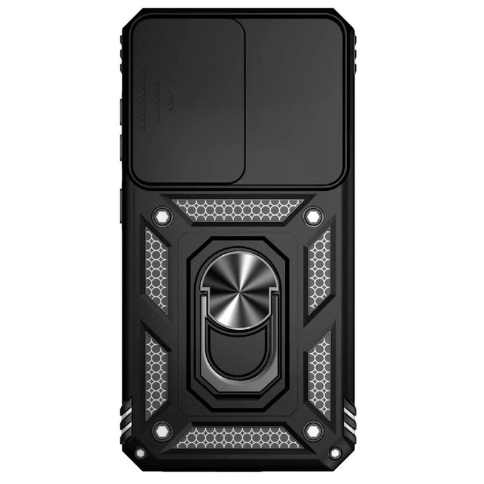 For Samsung Galaxy S23 Back Case, Slide Camera Protector Design Shockproof PC + TPU Protective Phone Cover with Metal Ring Kickstand - Black - 2