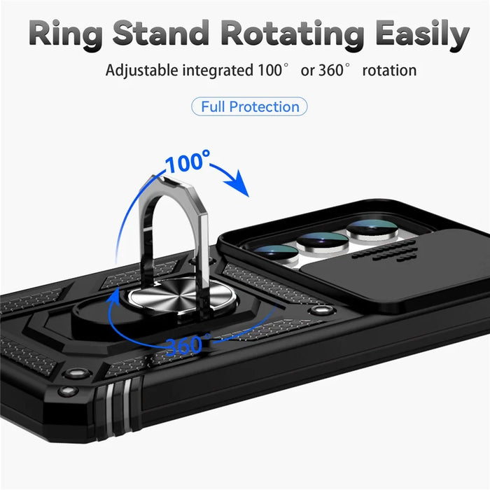 For Samsung Galaxy S23 Back Case, Slide Camera Protector Design Shockproof PC + TPU Protective Phone Cover with Metal Ring Kickstand - Black - 5
