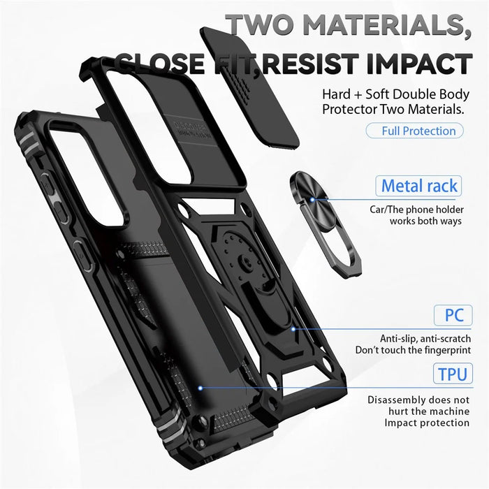 For Samsung Galaxy S23 Back Case, Slide Camera Protector Design Shockproof PC + TPU Protective Phone Cover with Metal Ring Kickstand - Black - 6
