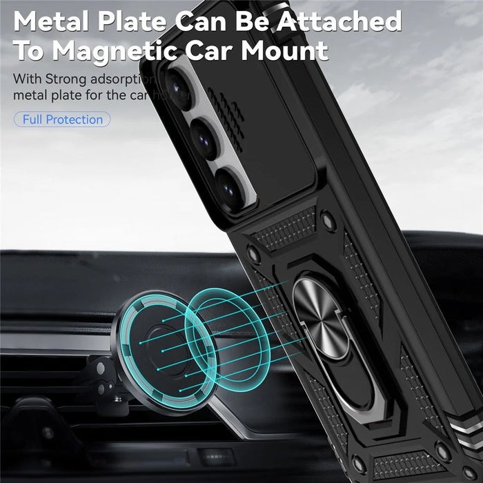 For Samsung Galaxy S23 Back Case, Slide Camera Protector Design Shockproof PC + TPU Protective Phone Cover with Metal Ring Kickstand - Black - 7