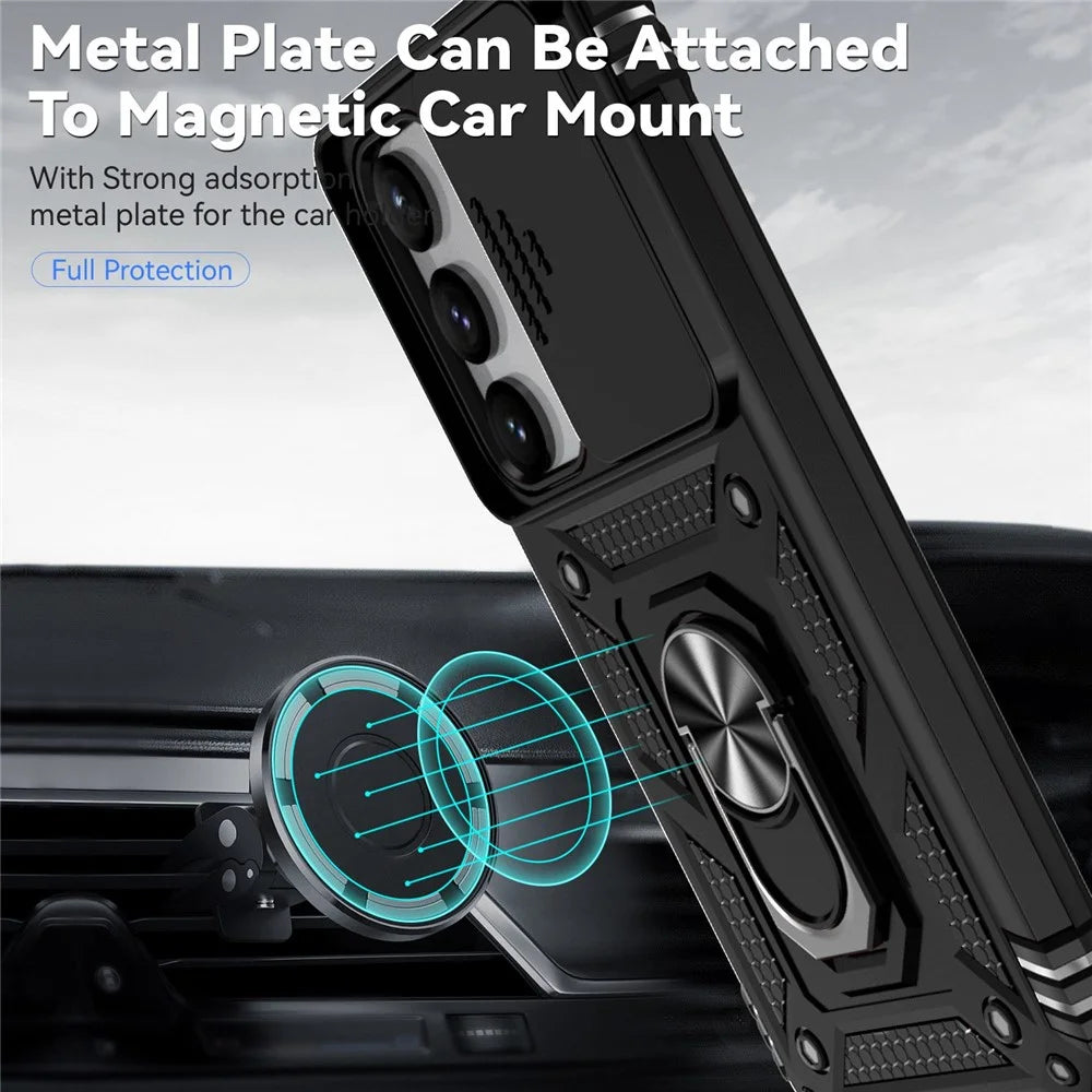 Slide Camera Protector Back Case for Samsung Galaxy S23+, PC + TPU Protective Phone Cover with Metal Ring Kickstand - Black - 7