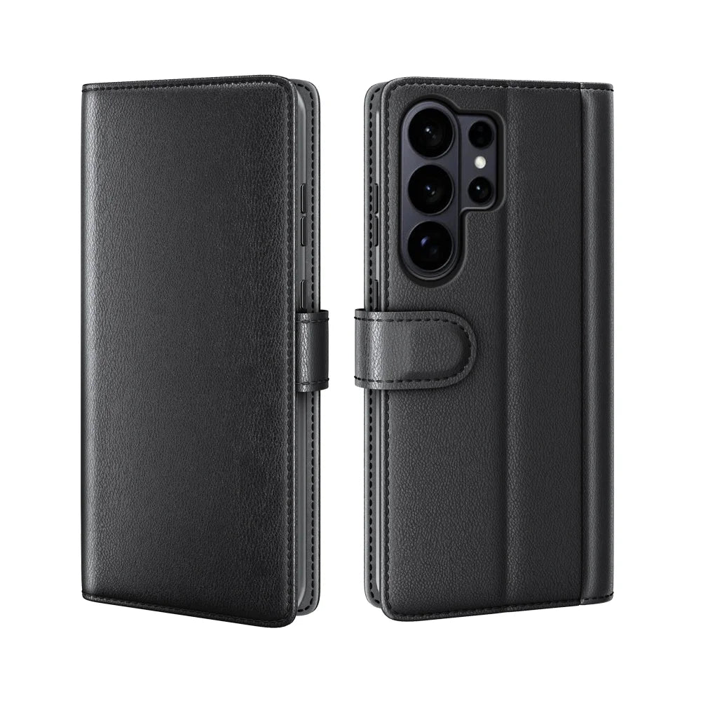 For Samsung Galaxy S26 Ultra Case Genuine Split Leather Phone Cover with Wallet Stand - Black - 1