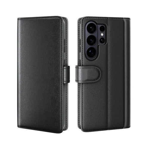 For Samsung Galaxy S26 Ultra Case Genuine Split Leather Phone Cover with Wallet Stand - Black - 1