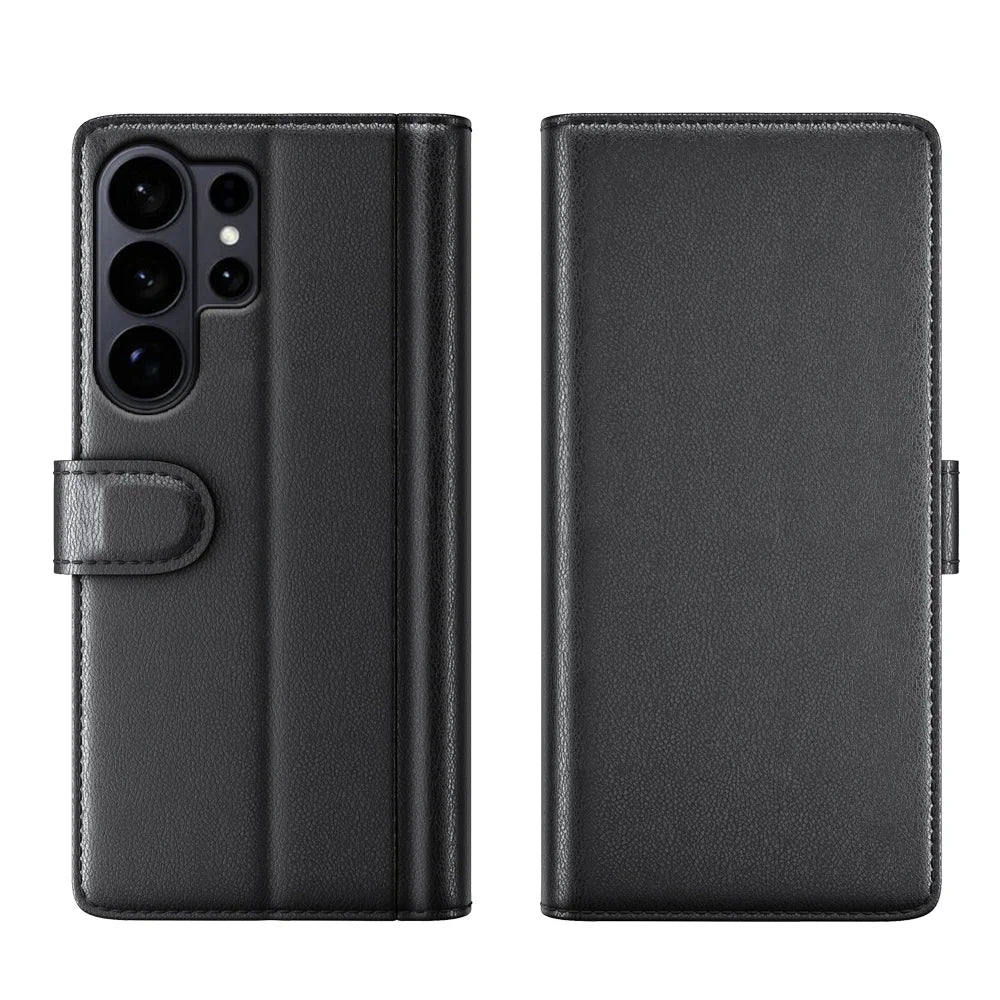 For Samsung Galaxy S26 Ultra Case Genuine Split Leather Phone Cover with Wallet Stand - Black - 2