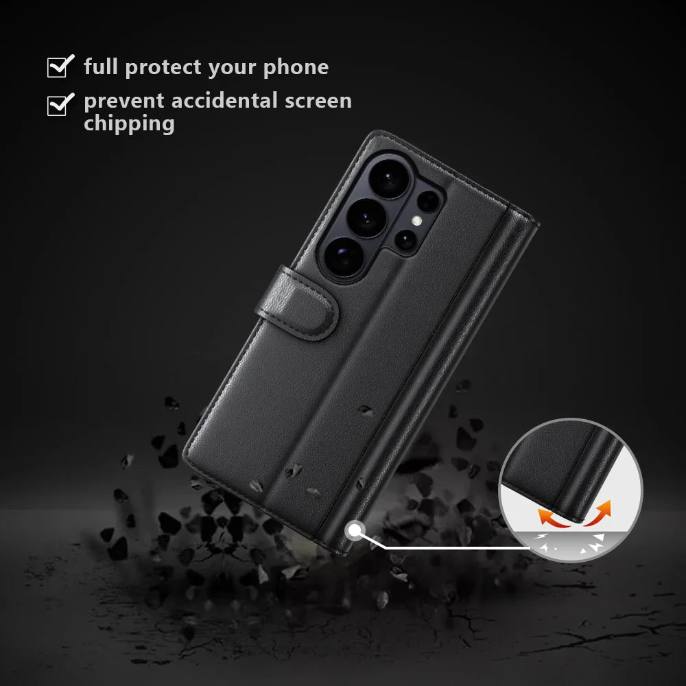 For Samsung Galaxy S26 Ultra Case Genuine Split Leather Phone Cover with Wallet Stand - Black - 3