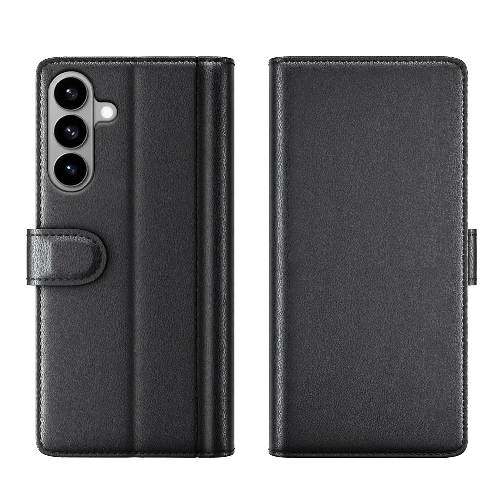 For Samsung Galaxy S26 Case Genuine Split Leather Phone Cover with Wallet Stand - Black - 1