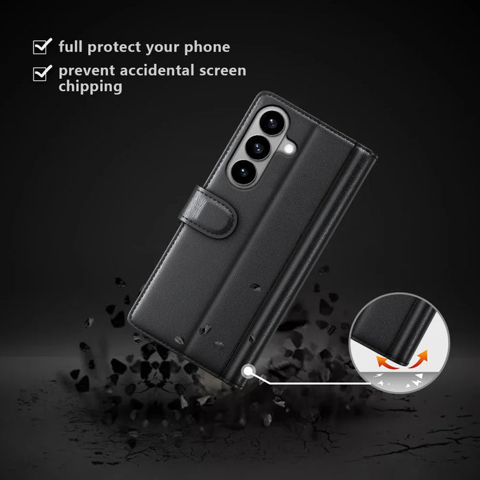 For Samsung Galaxy S26 Case Genuine Split Leather Phone Cover with Wallet Stand - Black - 2