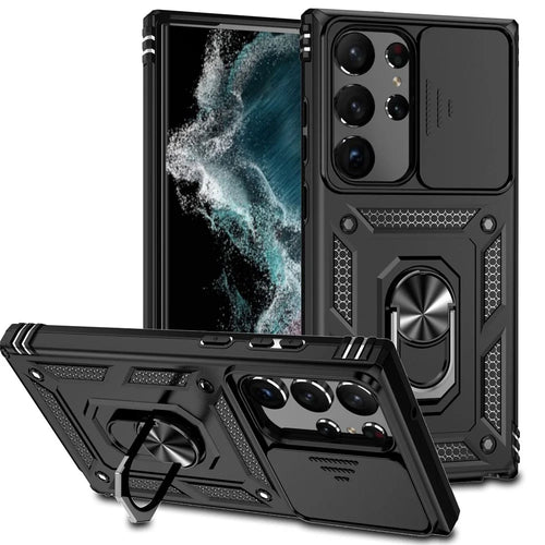 Back Case for Samsung Galaxy S23 Ultra, Slide Camera Protector Design Anti-drop PC + TPU Protective Phone Cover with Metal Ring Kickstand - Black - 1