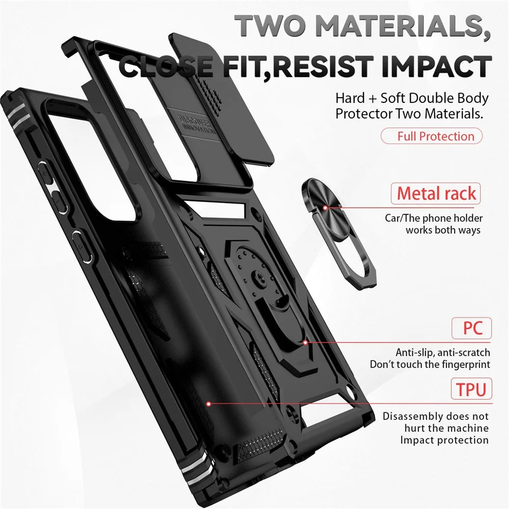 Back Case for Samsung Galaxy S23 Ultra, Slide Camera Protector Design Anti-drop PC + TPU Protective Phone Cover with Metal Ring Kickstand - Black - 4