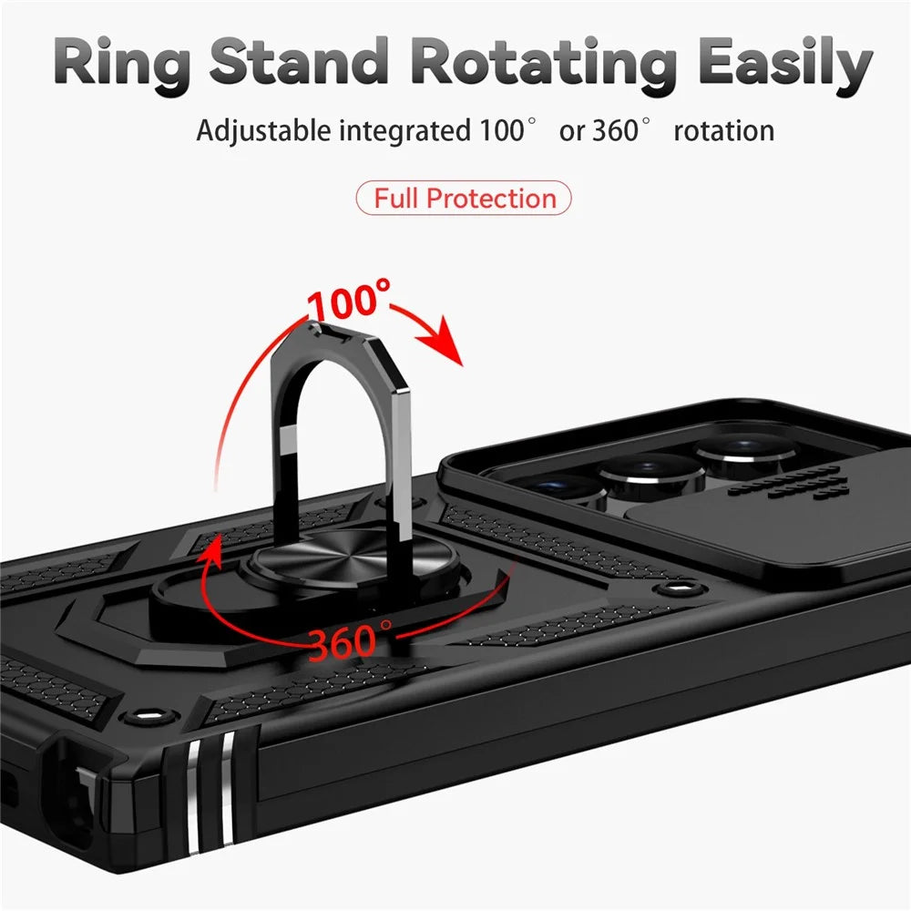 Back Case for Samsung Galaxy S23 Ultra, Slide Camera Protector Design Anti-drop PC + TPU Protective Phone Cover with Metal Ring Kickstand - Black - 6