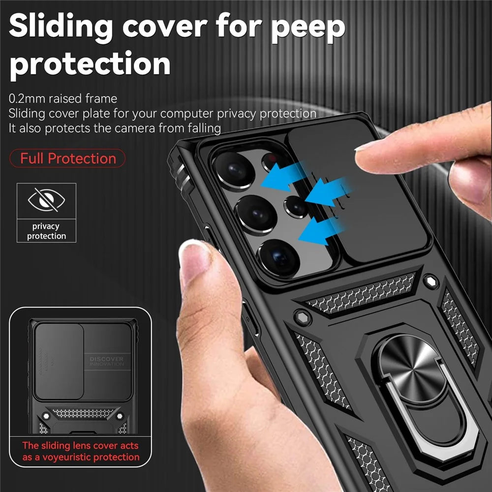 Back Case for Samsung Galaxy S23 Ultra, Slide Camera Protector Design Anti-drop PC + TPU Protective Phone Cover with Metal Ring Kickstand - Black - 7