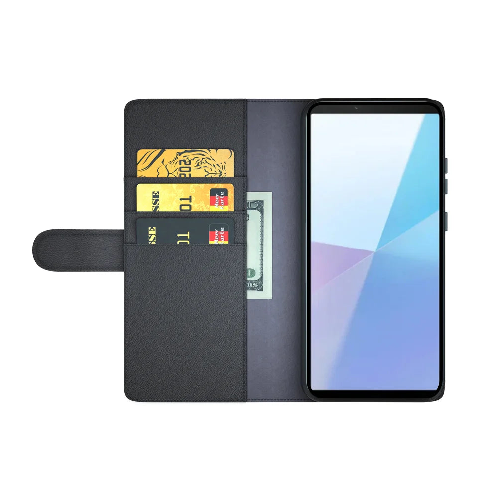 For Sony Xperia 10 VII Case Genuine Split Leather Phone Cover with Wallet Stand - Black - 3