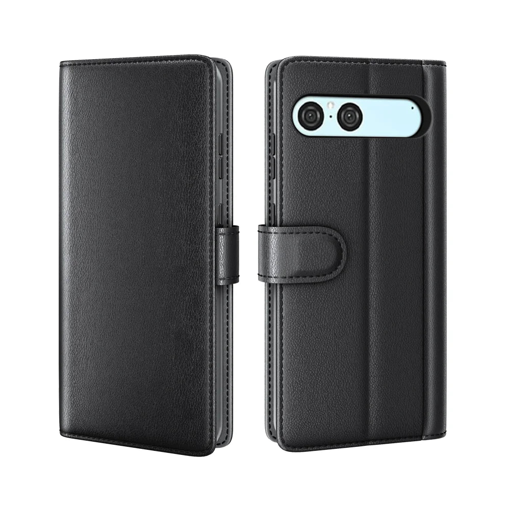 For Sony Xperia 10 VII Case Genuine Split Leather Phone Cover with Wallet Stand - Black - 5