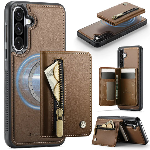 JEEHOOD For Samsung Galaxy A36 5G Case  J12 Magnetic Detachable Zipper Wallet Kickstand Leather Back Cover Magnetic Case - Brown - 1