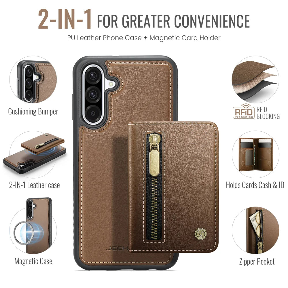 JEEHOOD For Samsung Galaxy A36 5G Case  J12 Magnetic Detachable Zipper Wallet Kickstand Leather Back Cover Magnetic Case - Brown - 2